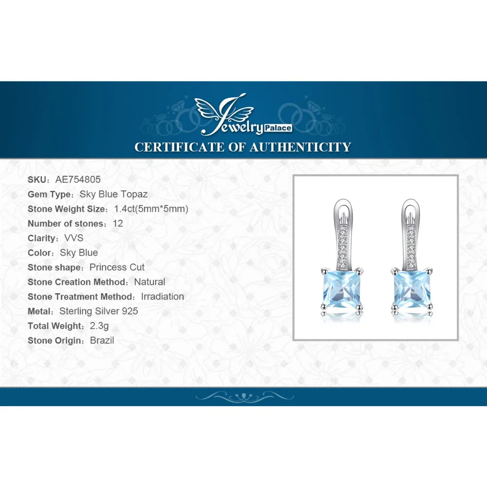 Aretes Plata 925 Topacio Azul Corte Princesa Elegantes Mujer