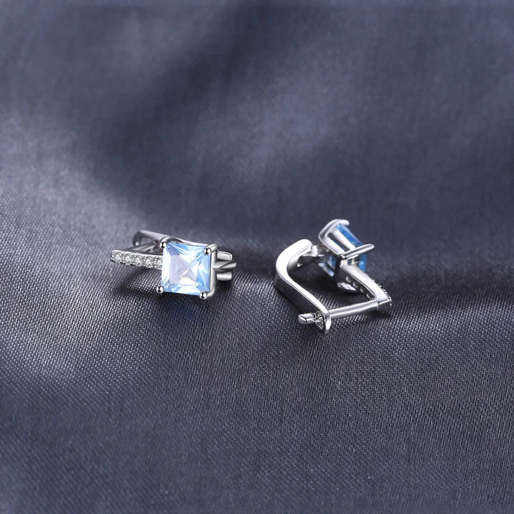 Aretes Plata 925 Topacio Azul Corte Princesa Elegantes Mujer