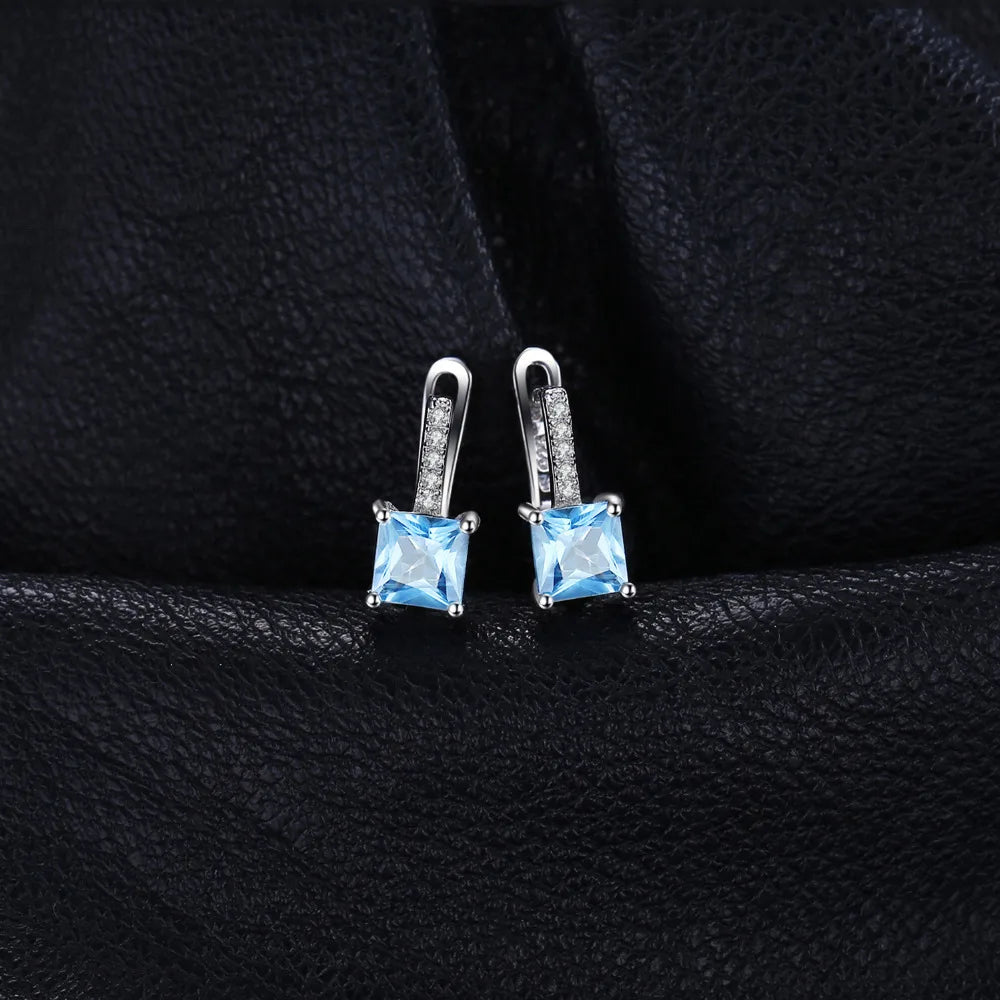 Aretes Plata 925 Topacio Azul Corte Princesa Elegantes Mujer