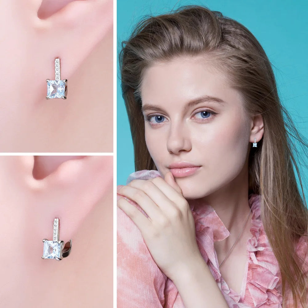 Aretes Plata 925 Topacio Azul Corte Princesa Elegantes Mujer