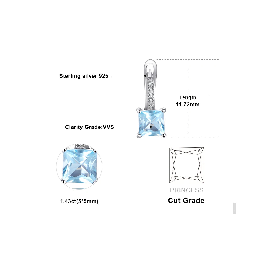 Aretes Plata 925 Topacio Azul Corte Princesa Elegantes Mujer