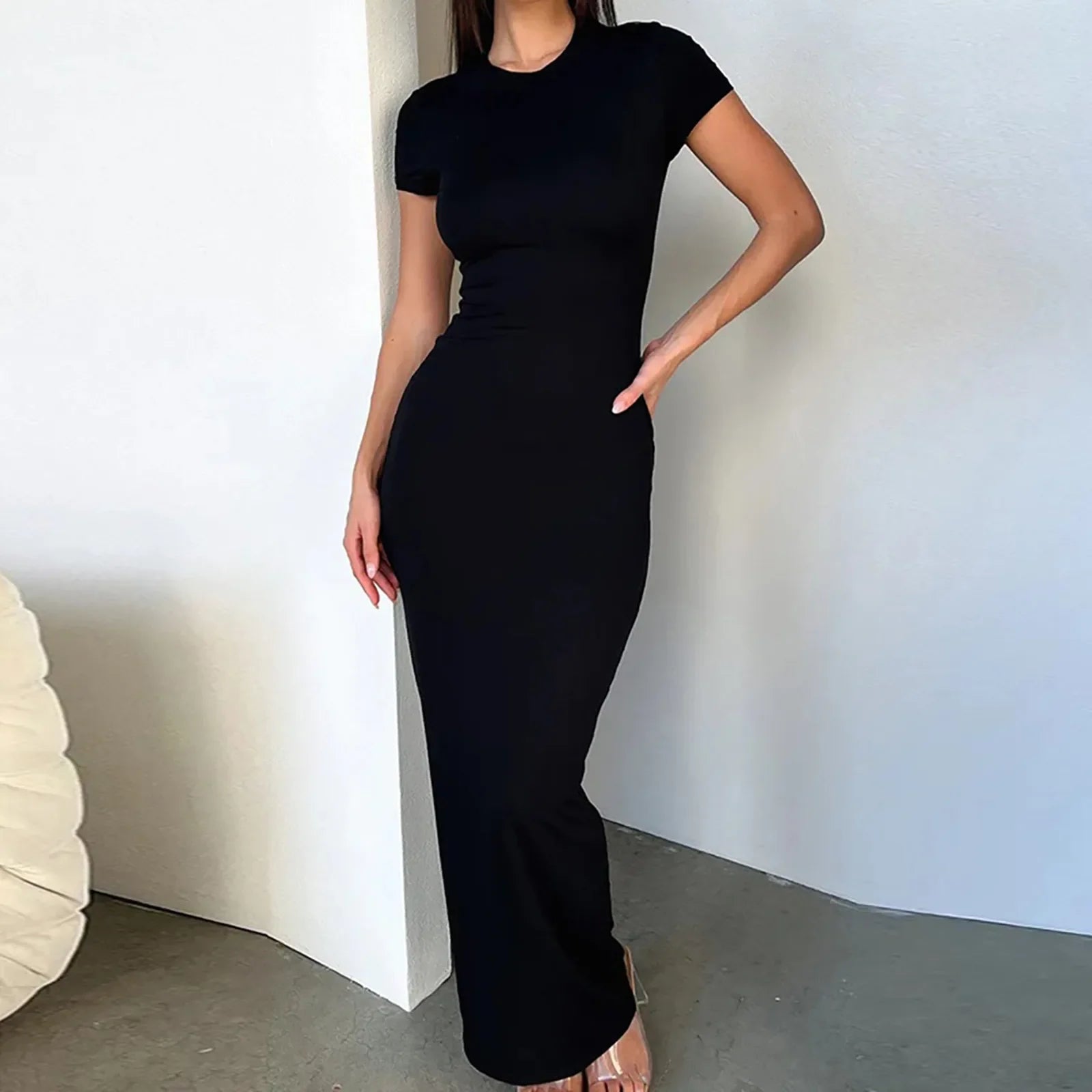 Vestido Largo Ceñido para Mujer, Estilo Sexy con Manga Corta
