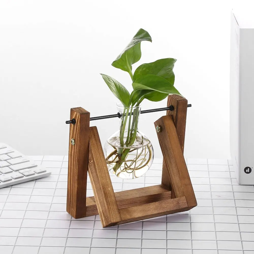 🌿 Terrario de Mesa de Vidrio con Marco de Madera | Jarrón Hidropónico Decorativo para Hogar y Oficina