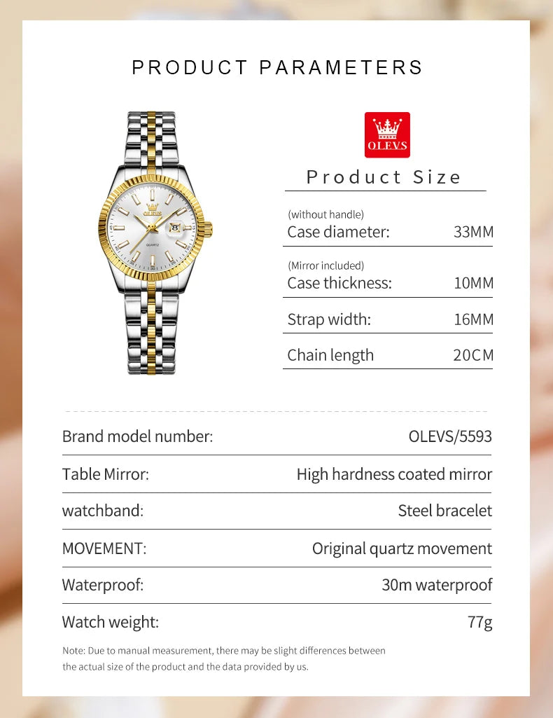 Reloj OLEVS Mujer Elegante Acero Inoxidable con Fecha y Resistente al Agua