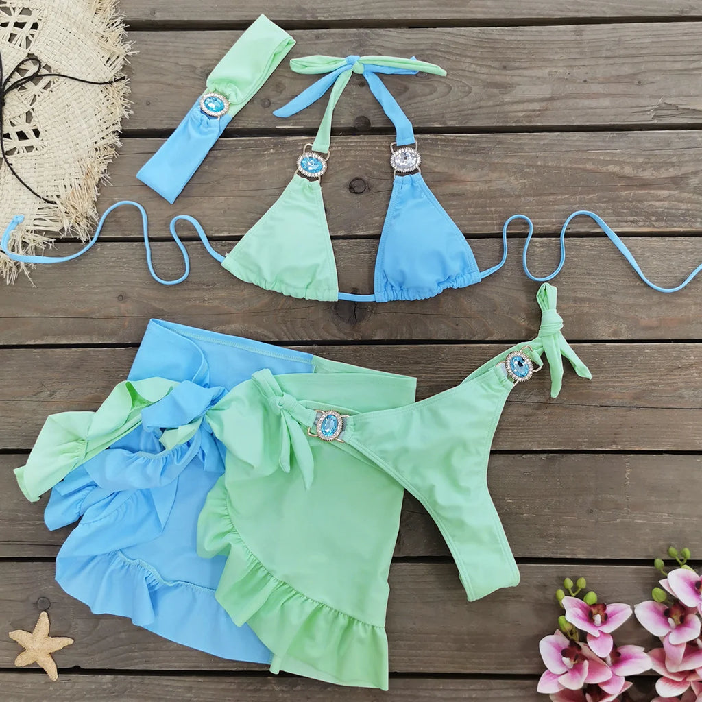 **Bikini Brasileño con Rhinestones y Diamantes para Mujer | Traje de Baño Sexy de 2 Piezas Brillante**