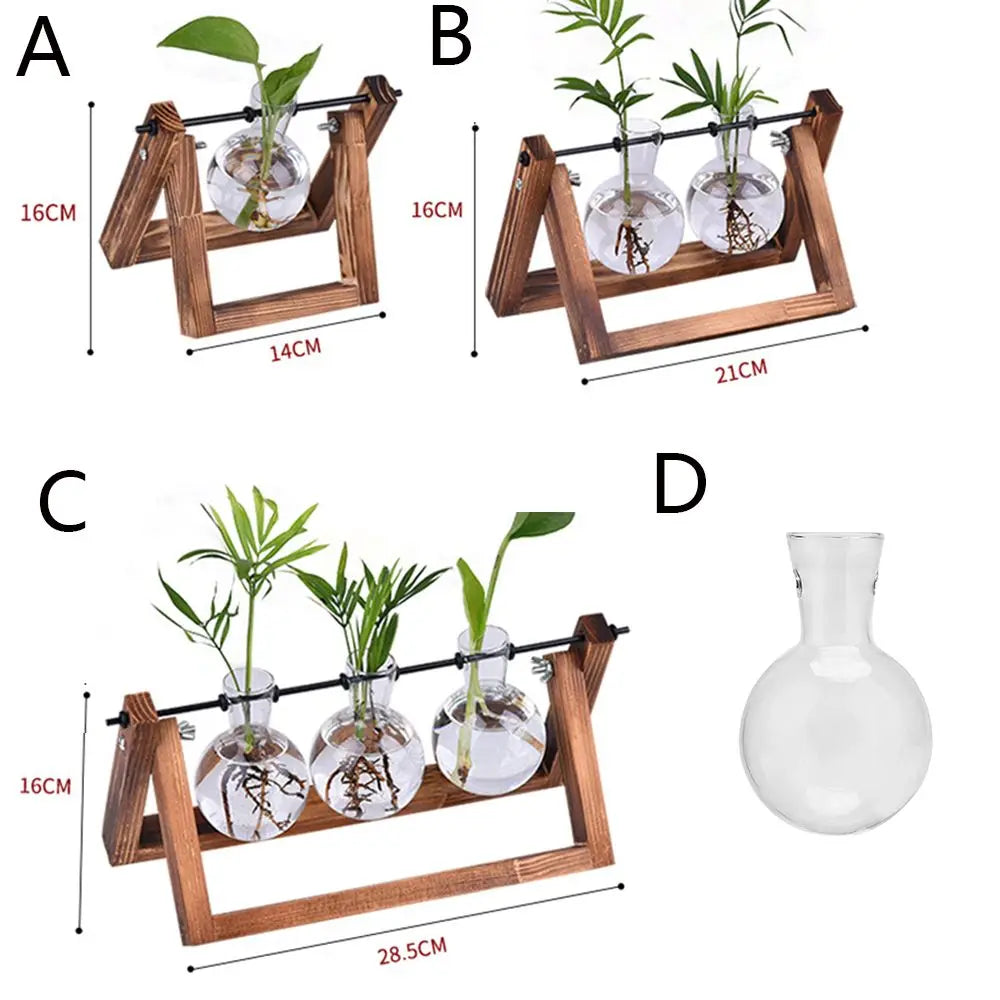 🌿 Terrario de Mesa de Vidrio con Marco de Madera | Jarrón Hidropónico Decorativo para Hogar y Oficina