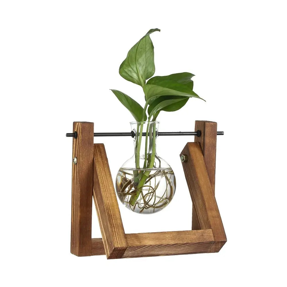 🌿 Terrario de Mesa de Vidrio con Marco de Madera | Jarrón Hidropónico Decorativo para Hogar y Oficina