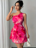 Vestido Elegante de Verano con Estampado Artístico, Corte en Cintura y Pliegues – Diseño de Hombro Asimétrico